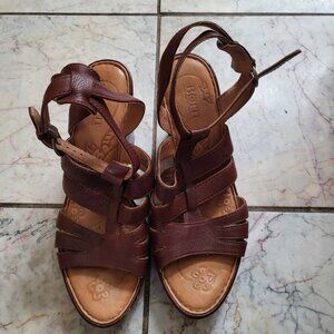 BORN Women's Size 11 Brown Leather Sandal Strap Wedge Heel Adjustable